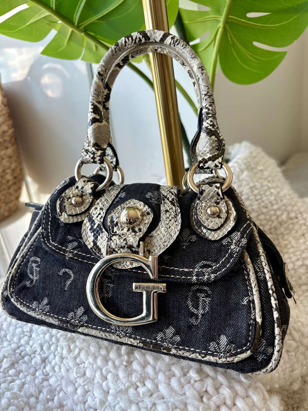 RARE Vintage Y2K GUESS Monogram Denim Mini Bag Faux Snakeskin & Oversized G Bag